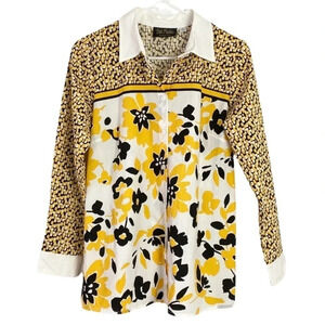 Bob Mackie Wearable Art Vintage Button Down Blouse Top XS Yellow Black Floral